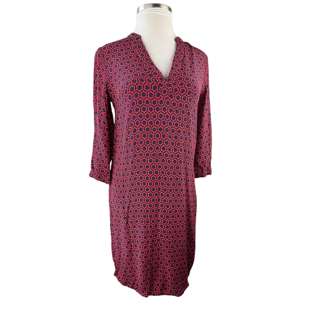 Boden V-Neck Geo Print 3/4 Sleeve Shift Dress Red & Navy Size 10 *Missing Belt* - Picture 3 of 16